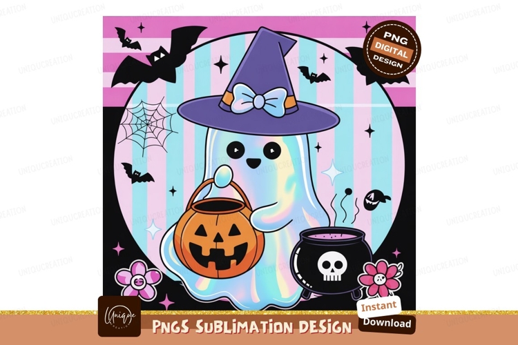 Cute ghost with pumpkin and cauldron halloween bats
