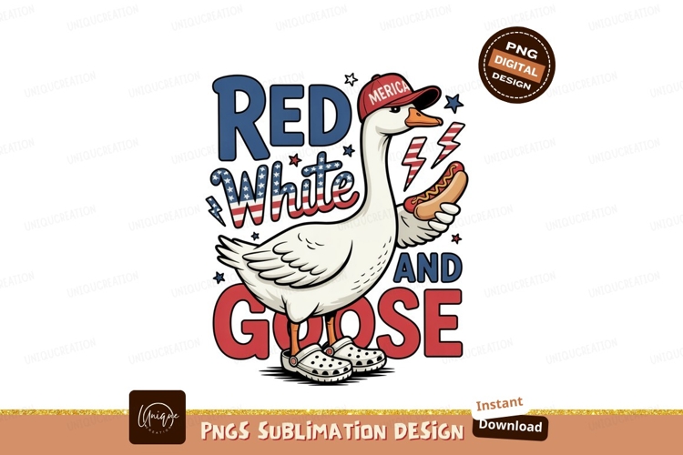 Patriotic goose eating hotdog wearing crocs white
