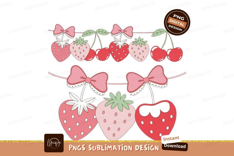 Pink strawberry cherry bow garland green