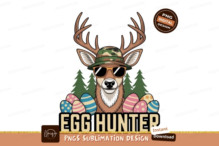 Deer wearing hat sunglasses surrounded by easter eggs