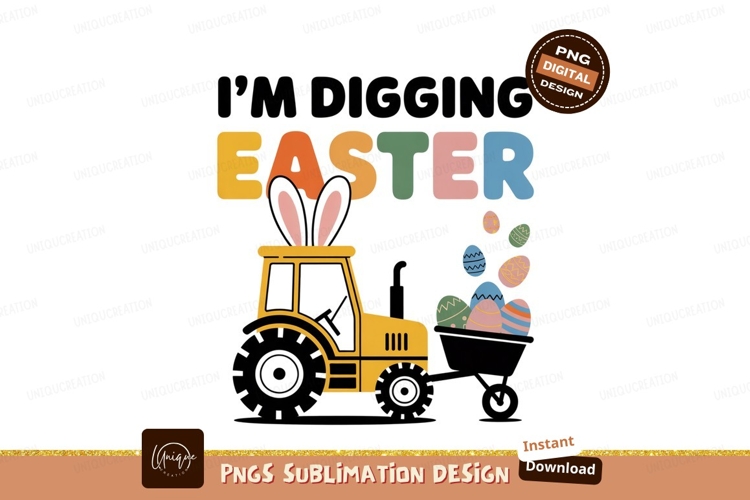 Yellow tractor carrying easter eggs bunny ears