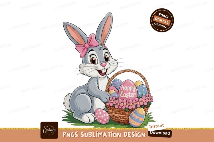 Bunny with easter eggs and flowers basket (6184807)