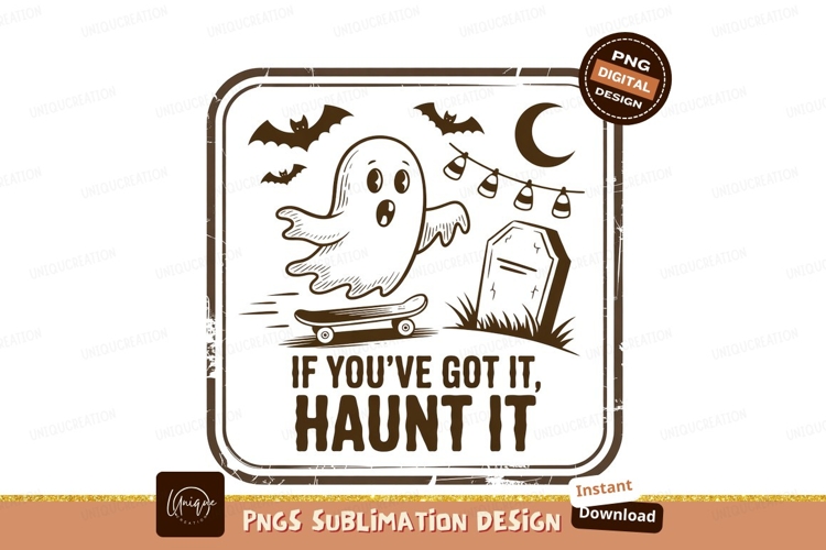 Spooky ghost skateboarding with bats and moon halloween