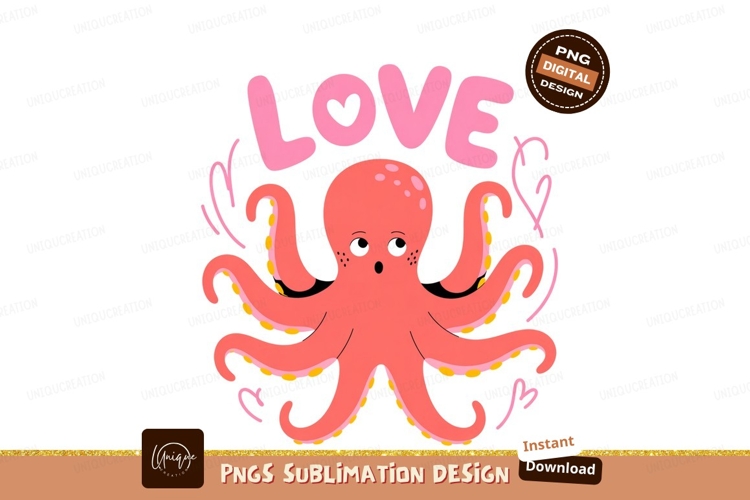 Pink octopus with love text yellow heart