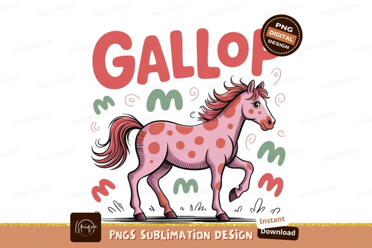 Pink spotted horse galloping with decorative elements