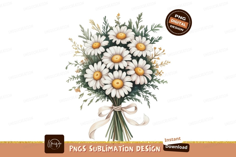 White daisies bouquet with green foliage and ribbon