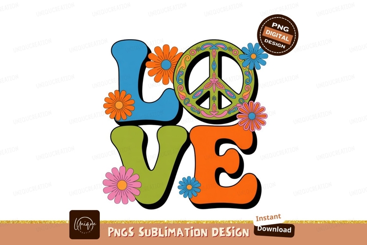 Groovy peace love floral design retro