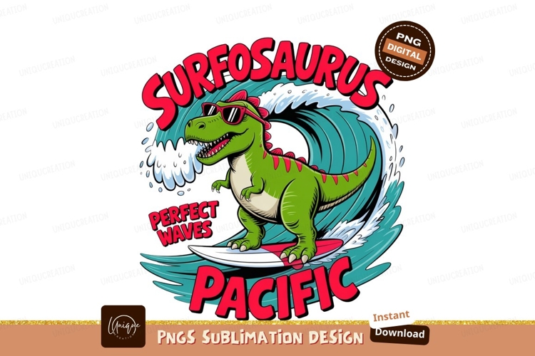 Green dinosaur surfing big wave ocean beach
