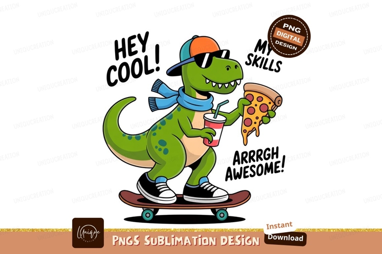 Green dinosaur wearing hat scarf sunglasses riding skateboar