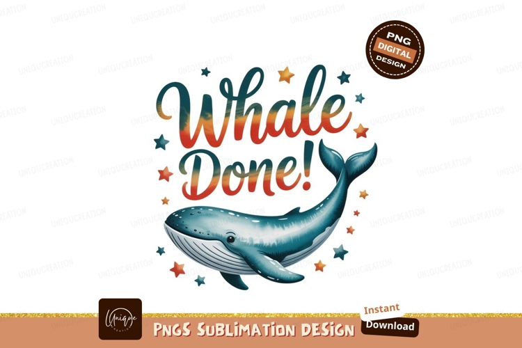 Blue whale with colorful text and stars ocean