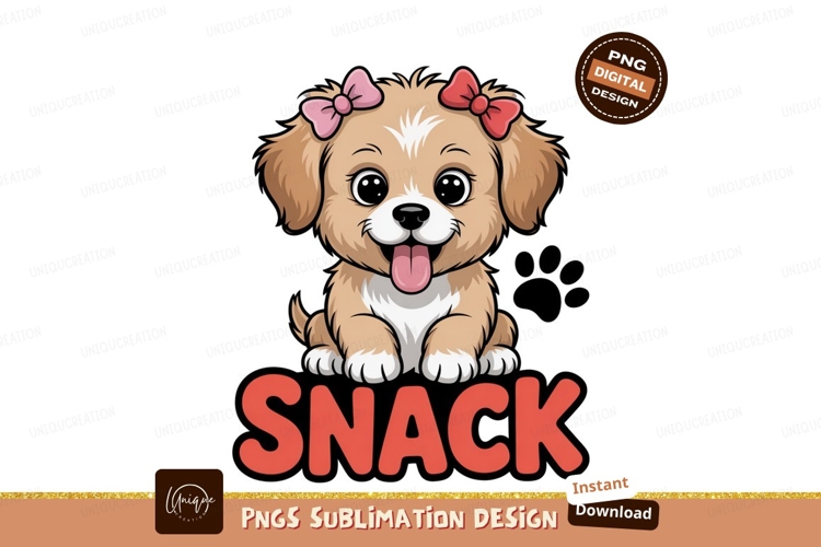 Adorable puppy with bows and snack text canine animal