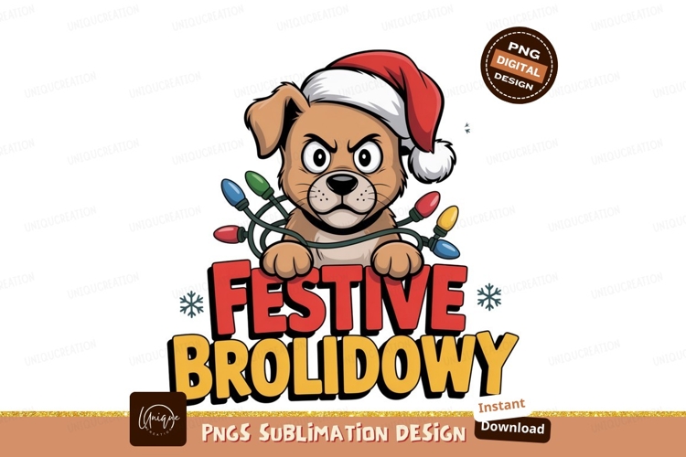 Angry dog wearing santa hat tangled in christmas lights