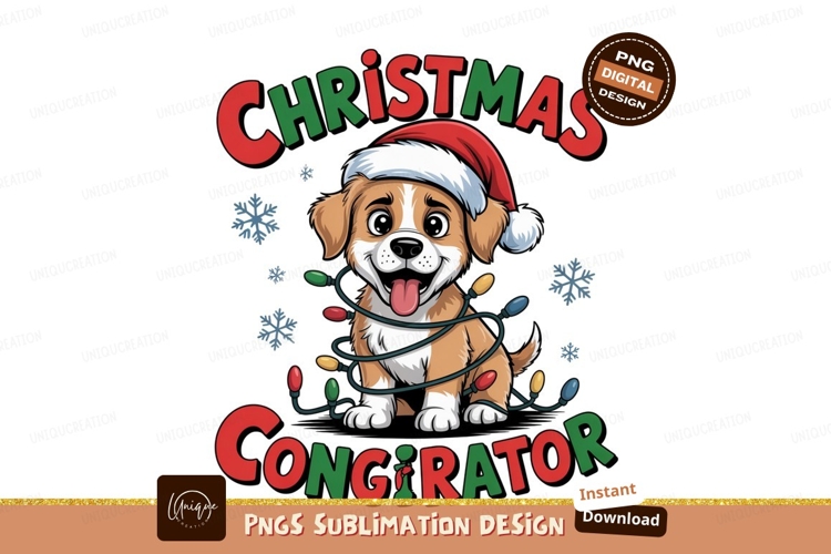 Happy dog wearing santa hat entangled in Christmas lights
