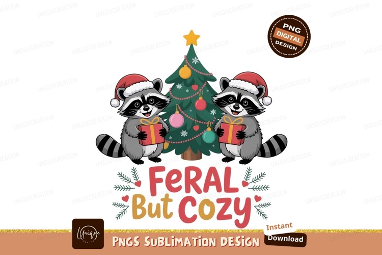 Raccoons wearing santa hats holding gifts near christmas tre