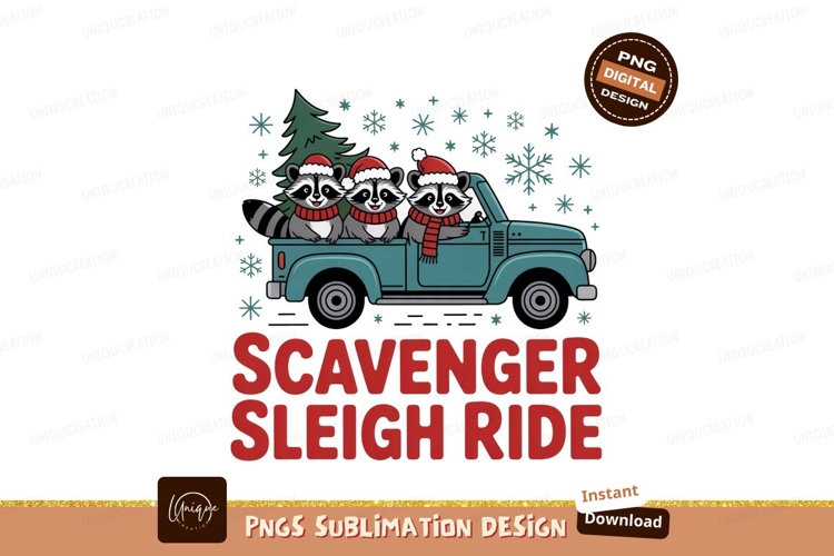 Raccoons wearing Santa hats in a truck Christmas