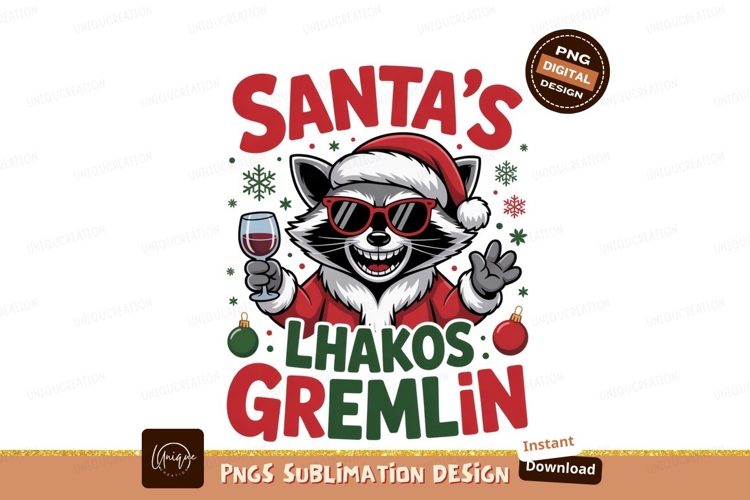 Raccoon Santa holding wine glass christmas