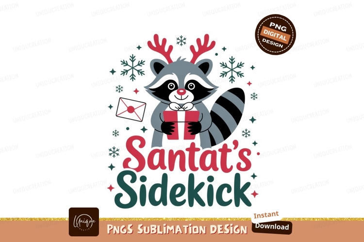 Raccoon holding gift with antlers christmas snowflakes