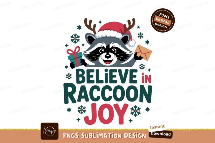 Raccoon wearing santa hat holding gift and envelope