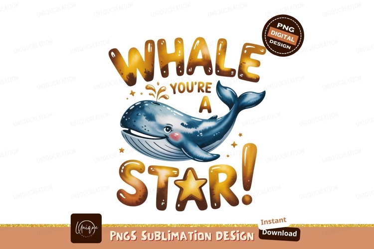 Blue whale with golden text star