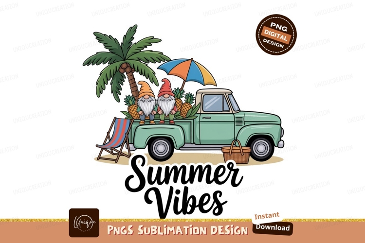 Two gnomes on truck with pineapples and palm umbrella
