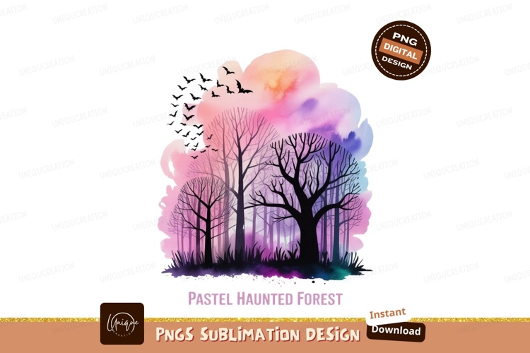 Pastel forest silhouettes bats flying trees