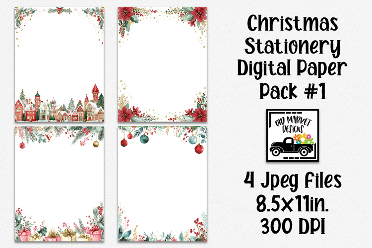 Watercolor Christmas Stationery Digital Paper #1 - 4 Papers