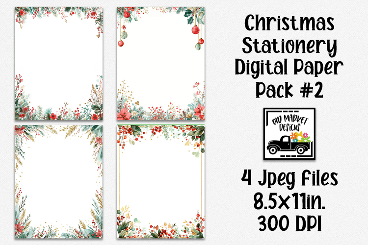 Watercolor Christmas Stationery Digital Paper #2 - 4 Papers