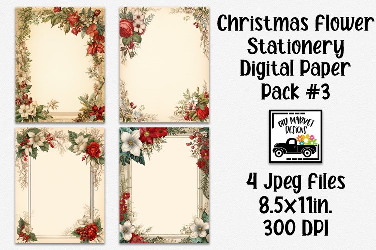 Christmas Flowers Stationery Digital Paper #3 - 4 Papers