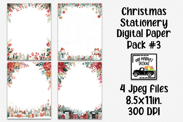 Watercolor Christmas Stationery Digital Paper #3 - 4 Papers