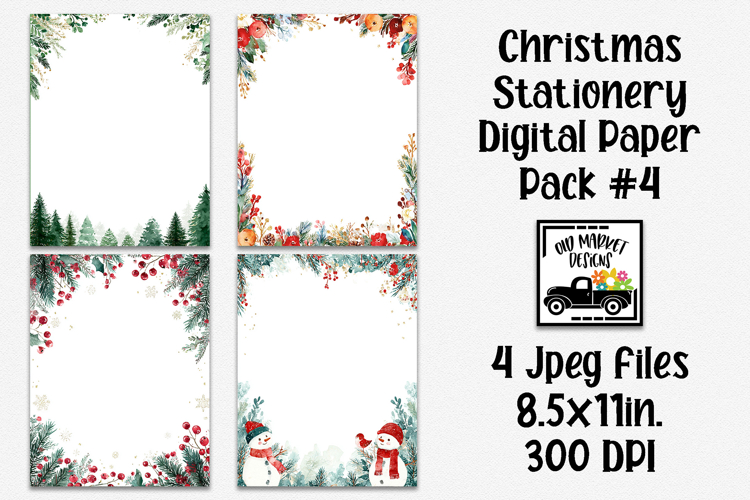 Watercolor Christmas Stationery Digital Paper #4 - 4 Papers