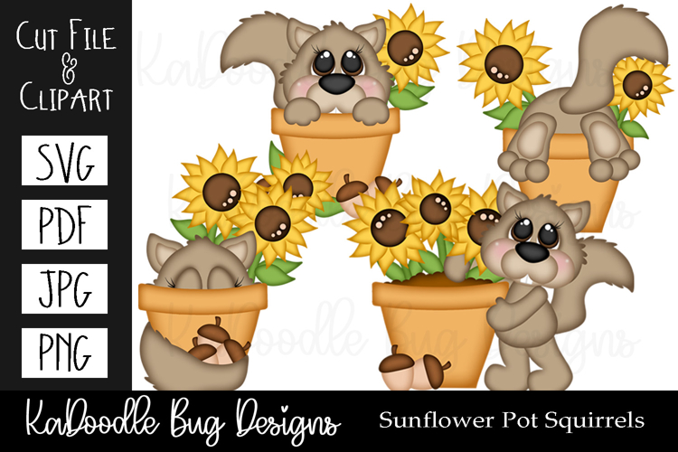 Sunflower Pot Squirrels SVG PDF Cut File, Clipart PNG JPEG