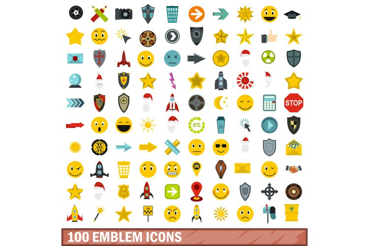 100 emblem icons set, flat style