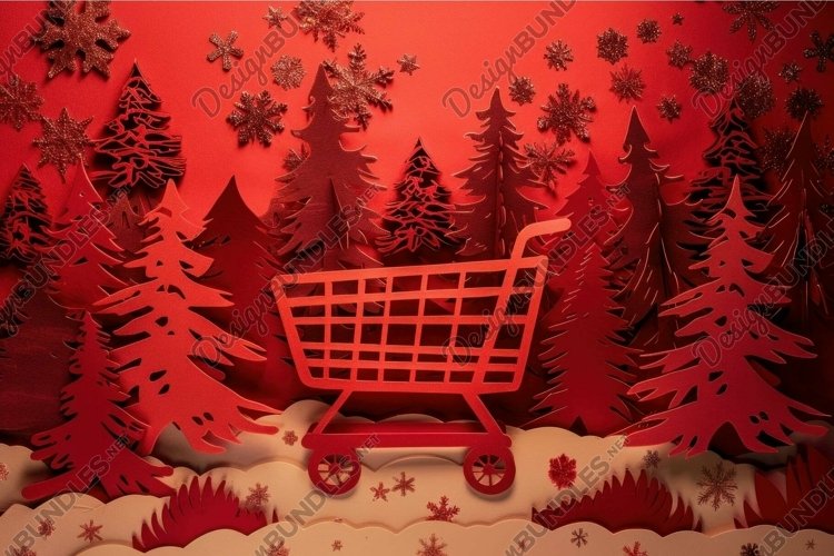 Red christmas shopping cart driving through a paper forest c