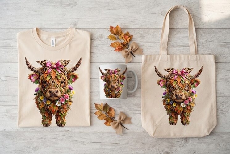 Autumn Floral Leopard Bow Highland Cow Portrait Art example image 1