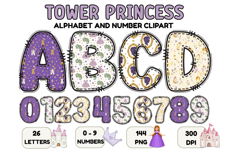 Tower Princess Alphabet Clipart PNG, Letters doodle 300 DPI