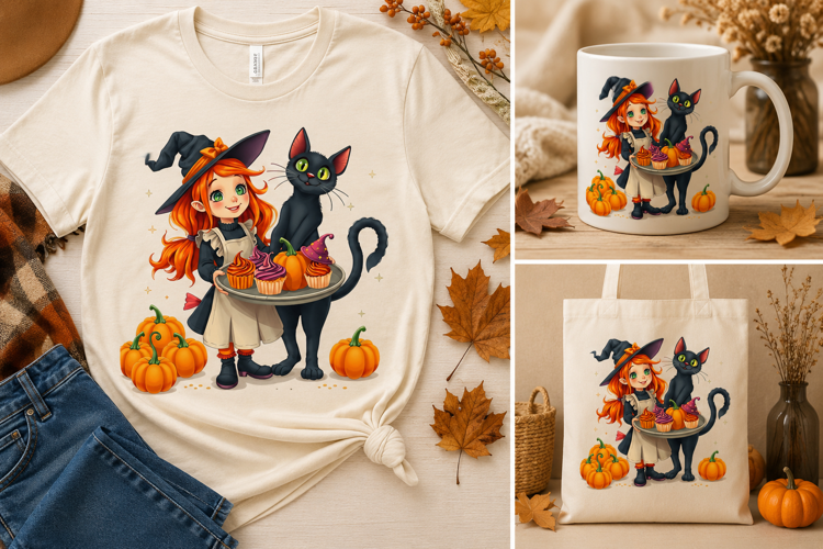 Halloween Witch Girl & Black Cat PNG | Cupcakes & Pumpkins