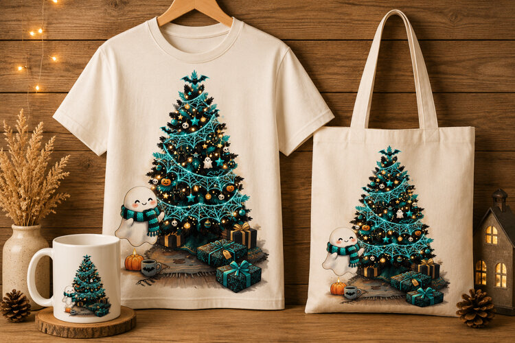 Goth Christmas Tree Ghost Turquoise Spooky Holiday Art example image 1