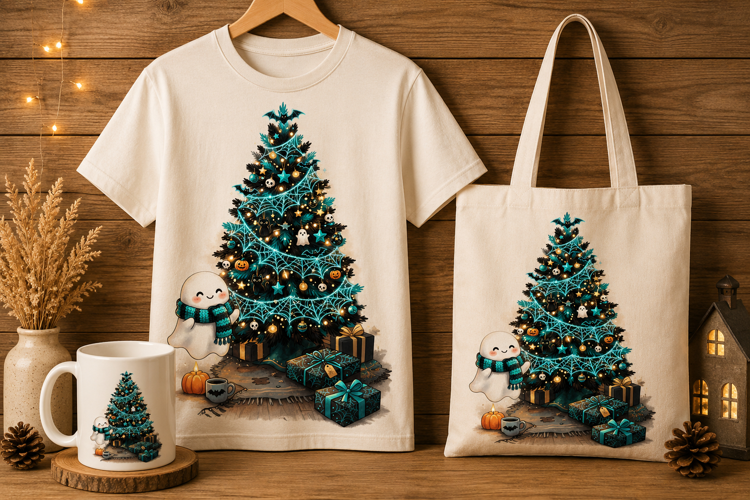 Goth Christmas Tree Ghost Turquoise Spooky Holiday Art