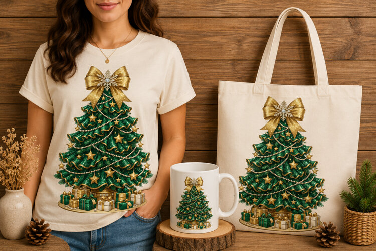 Elegant Green & Gold Christmas Tree Embroidery Design example image 1