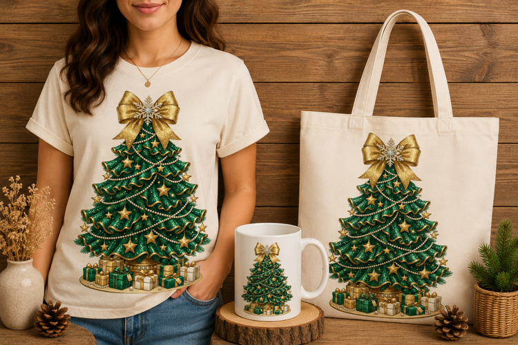Elegant Green & Gold Christmas Tree Embroidery Design