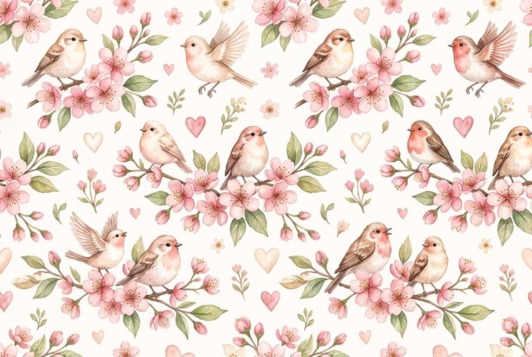 Watercolor Seamless Floral Pattern with cute birds