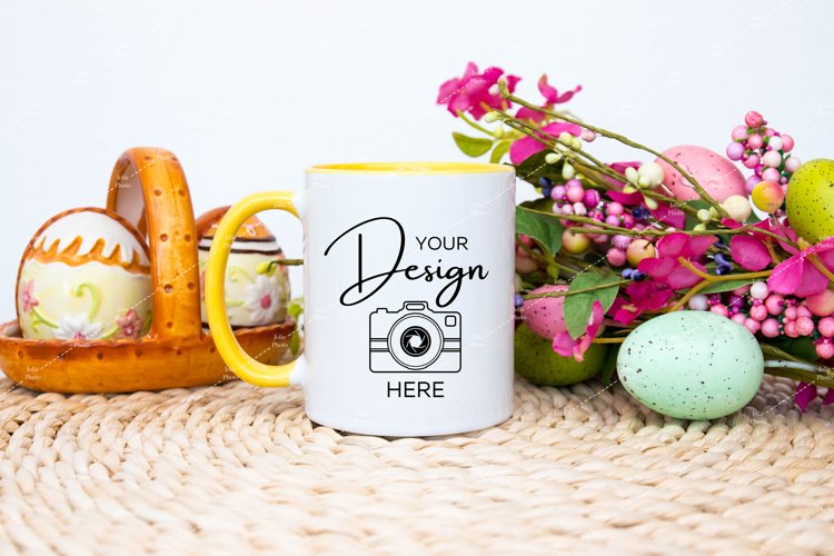 Easter Mug Mockup 11 Oz Blank White Coffee Cup Yellow Handle