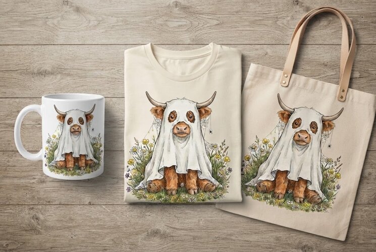 Highland Cow Ghost Halloween Sticker Cute Spooky Art example image 1