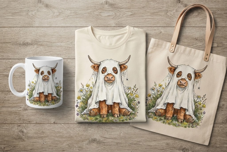 Highland Cow Ghost Halloween Sticker Cute Spooky Art