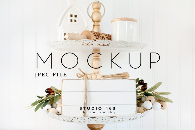 Wooden Book Stack Mockup, Tier Tray, Shelf Decor Photo, JPEG example image 1