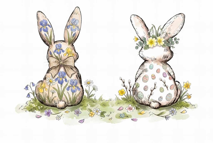 Watercolor Easter Bunnies PNG & JPG