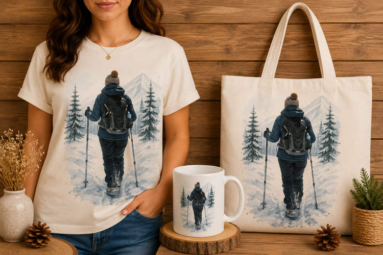 Winter Hiking Woman with Trekking Poles Vector Design