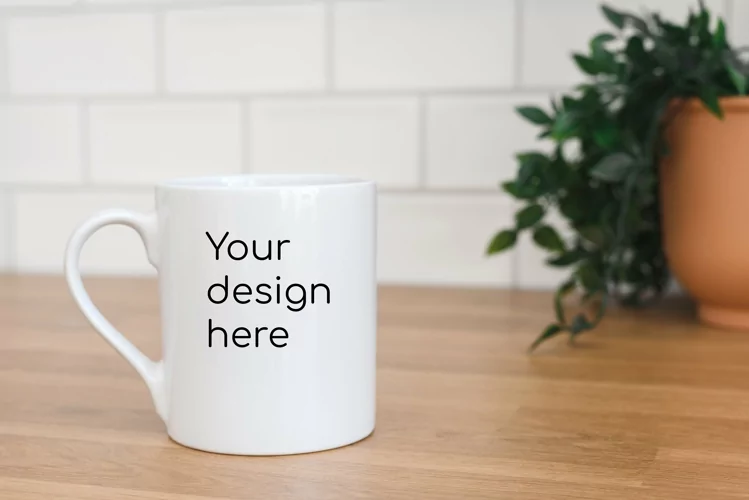 A white mug with a mockup in the kitchen. Jpg and psd files
