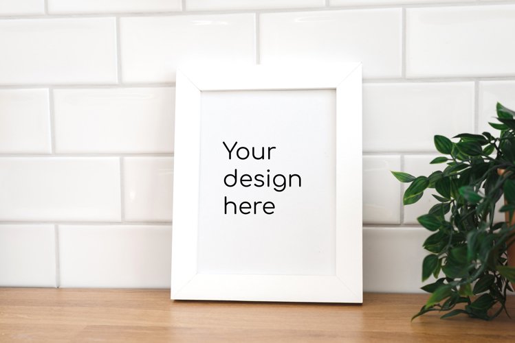 Vertical empty frame in kitchen with mockup for your design example image 1