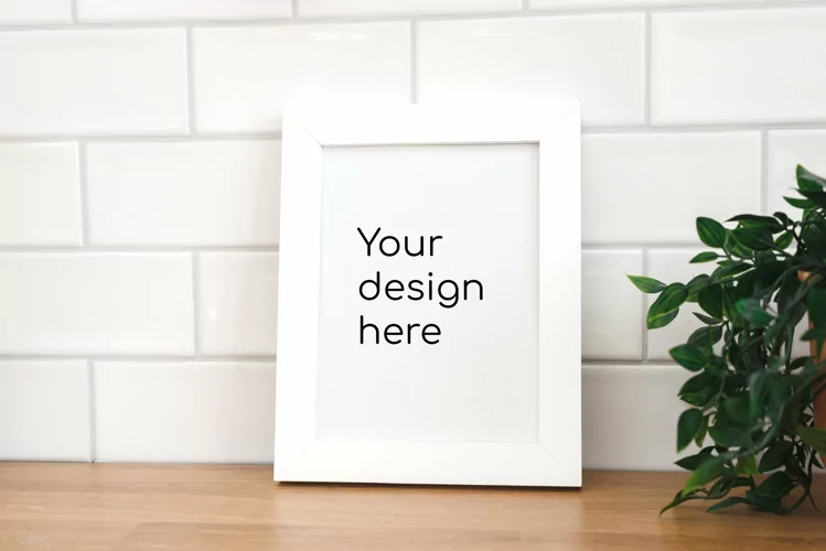 Vertical empty frame in kitchen with mockup for your design